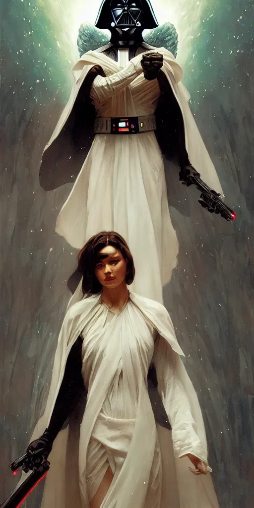 Prompt: Darth Vader as a beautiful angel, by Stanley Artgerm Lau , greg rutkowski, thomas kindkade, alphonse mucha