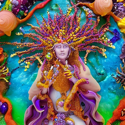 Prompt: vibrant elder goddess, beautiful goddess, made of silicon and gems and colorful coral reef, commanding the creatures of the sea to circle around her, excruciatingly detailed, over-the-top detailed, too much detail, way too much detail, detail overload, excessive detail, overkill detail, must-have-a-microscope detail, more-than-you-ever-wanted-to-know detail, every-single-hair detail, every-single-pore detail, amazing detail, awesome detail, mind-blowing detail, outstanding detail, phenomenal detail, super duper detailed, super detailed, ultra duper detailed, ultra detailed, extremely real, incredibly real, incredibly lifelike, so realistic it's unreal, photo-realistic, better than life, as real as it gets, life-size, life-like, to scale, larger than life, macro, magnified, life-affirming, matter-of-fact, bare bones, unvarnished, stark, raw, unedited, very, digital, extremely, digital, overly, digital, supremely, digital, ultimately, digital, greatly, digital, exceedingly, digital, superdigital, topdigital, hightech, nextgen, modern, advanced, stateoftheart, cuttingedge, innovative, trailblazing