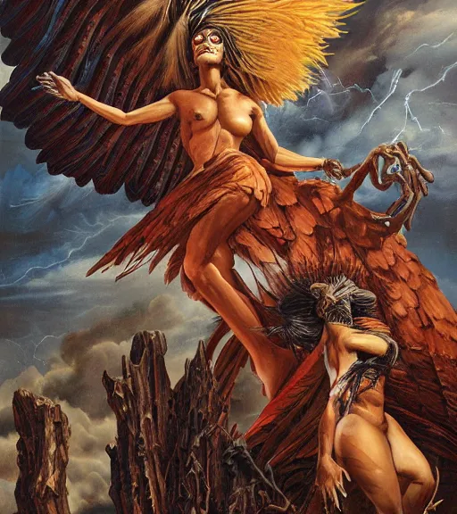 Image similar to an anatomical oil painting of a Harpy from a medical journal by Nychos and Julie Bell, highly detailed, high detail, 8k, storm clouds, birds, dramatic lighting