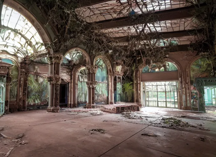 Image similar to the inside of the building Disney world park, shut down, abandoned, Florida, out of business, castle is falling apart, got shut down, kids place, liminal spaces, backrooms, empty, overgrown, Disney world, Disney land, theme park, roller coasters, Disney