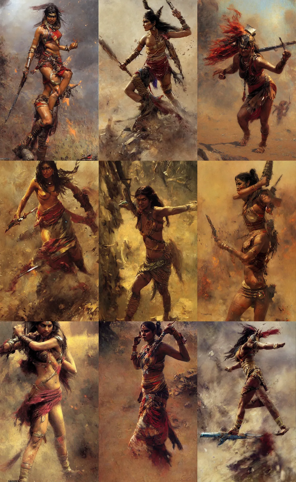 Prompt: warrior woman from india, action post mid-battle, half-body shot, candid, by Gaston Bussiere, Craig Mullins