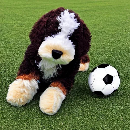 Image similar to bernedoodle puppy stuffed animal playing soccer