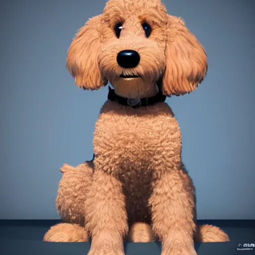 Prompt: goldendoodle in pixar movie, photorealistic rendering. artstation, 4 k, hyperrealism