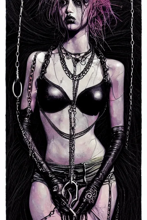 Image similar to dreamy gothic girl, black leather slim clothes, chains, colorful rings, beautiful body, detailed acrylic, grunge, intricate complexity, by dan mumford and by alberto giacometti, peter lindbergh