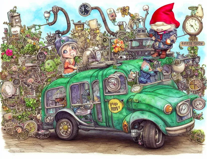 Prompt: cute and funny, a garden gnome driving a steampunk bus, ratfink style by ed roth, centered award winning watercolor pen illustration, isometric illustration by chihiro iwasaki, edited by range murata, tiny details by artgerm and watercolor girl, sharply focused