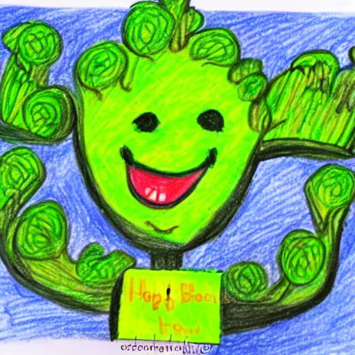 Image similar to a children's drawing of a smiling happy broccoli, he is dancing, vivid bright colors, color pencils are scattered around on the paper