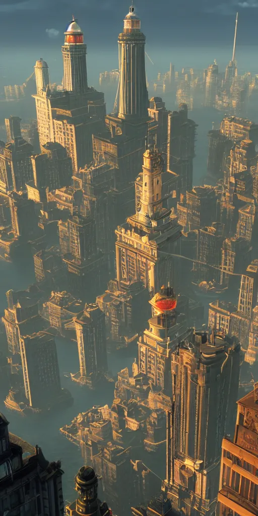 Image similar to the two cities of bioshock, Columbia floating up top, a lighthouse on a island in the middle, the City of rapture underwater at the bottom