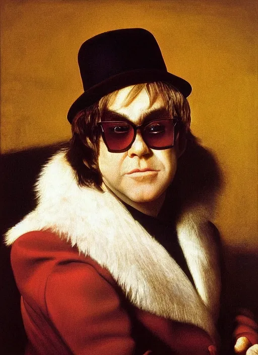 Image similar to portrait of elton john in a golden hour lighting, painted by the caravaggio, 8 k extremely realistic and highly detailed