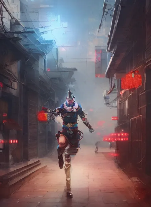 Image similar to erlang shen yang jian runs in ancient chinese city, cyberpunk style, space art, cgsociety, 8 k hd, rendered in maya, vary tracing, artstation, pixiv, krenz cushart