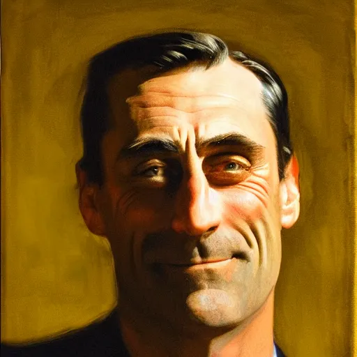 Prompt: happy John Hamm in golden evening light painted by Sargent
