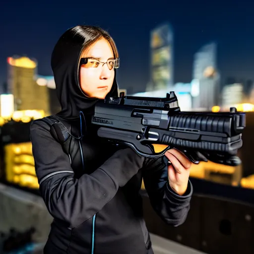 Image similar to photographic portrait of a techwear woman holding a Glock 18, closeup, on the rooftop of a futuristic city at night, sigma 85mm f/1.4, 4k, depth of field, high resolution, 4k, 8k, hd, full color