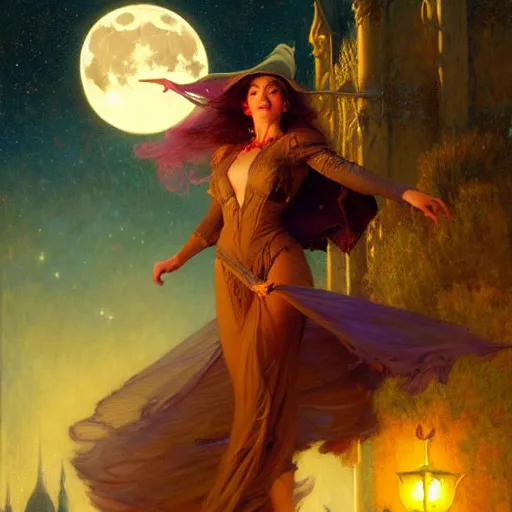 Image similar to attractive witch magically flying trough the night, fantasy, full moon in background. highly detailed painting by gaston bussiere, craig mullins, j. c. leyendecker 8 k