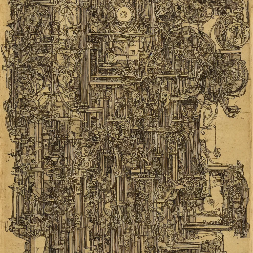 Image similar to close - up on detailed, intricate technical drawings from 1 8 4 0 with extensive written labels and covered in scribbled pencil notes, for a mechanical display attachment to babbage's difference engine, showing a screen playing tetris, beautiful, symmetric, art nouveau