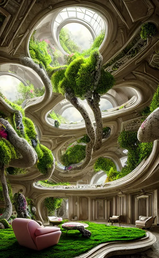 Image similar to highly detailed villa natural beautiful light interior soft cinematic composition of a smooth ceramic porcelain biomorphic magnolia stone nebula fluid sci - fi surreal colorful architecture landscape, furniture, granite, trees, marble, moss, lichen, fungi, vincent callebaut composition, mamou - mani, archviz, 8 k, unreal engine, hdr