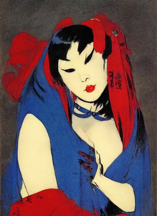 Prompt: portrait of heavyset mighty korean vampiress, jeweled veil, blue and red, strong line, saturated color, beautiful! coherent! by frank frazetta, high contrast, minimalism