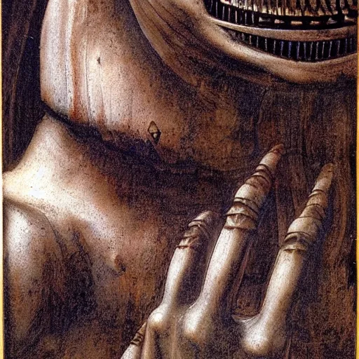 Prompt: by Leonardo da Vinci, Giger's alien, 8k, dark colors, sprayed with acetone