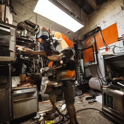 Image similar to technician repairing head of toaster oven mecha, dark messy smoke - filled cluttered workshop, dark, dramatic lighting, orange tint, cinematic, highly detailed, sci - fi, futuristic, movie still