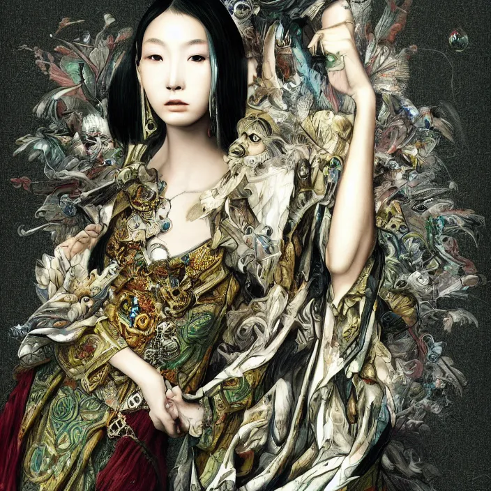 Image similar to chinese gucci goddess nerd, future fashion, stylish deity, model, volumetric, concept art, gucci, digital painting, beautiful, ornate, hd, by annie leibovitz, by giger