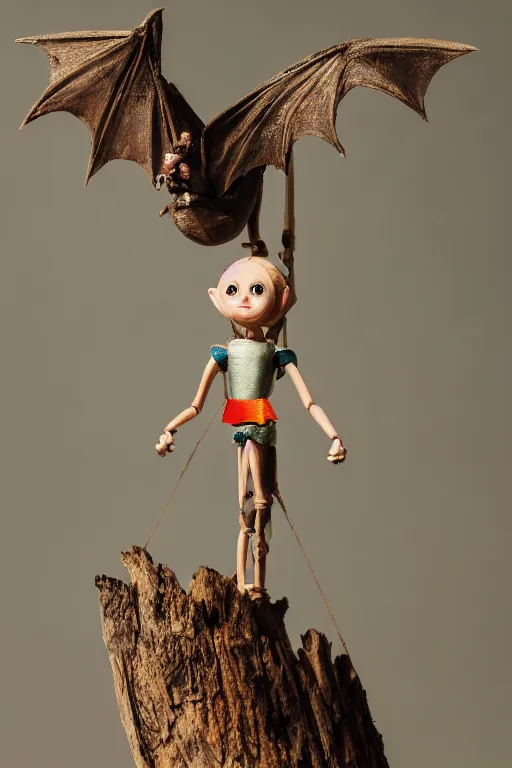 Image similar to a tiny pixie-like dragon sitting on the shoulder of a wooden marionette painted like an elf, high resolution film still, 8k, HDR color