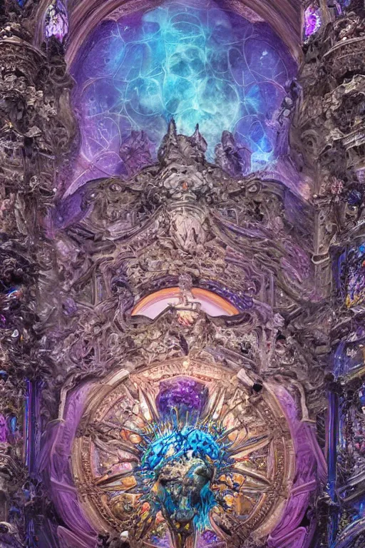 Image similar to intricately detailed calm warm terrifying forms and made of soft translucent blue and violet plastic, glowing cosmic nebulae in an ornate rococo cathedral, intricately detailed colorful modern style by Damien Hirst, Artstation