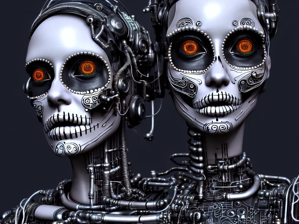 Image similar to ultra detailed, Mechanical Cyberpunk Female Android, dia de los muertos, cyberpunk, fantasy, intricate details, elegant, super highly detailed, professional digital painting, artstation, concept art, smooth, sharp focus, no blur, no dof, extreme illustration, Unreal Engine 5, Photorealism, HD quality, 8k resolution, cinema 4d, 3D, beautiful, cinematic, art by artgerm and michael welan and DZO and greg rutkowski and alphonse mucha and loish and WLOP