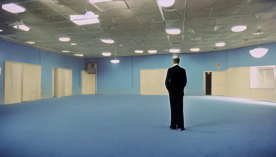 Prompt: 60s movie still of a sovietic stalinist style empty blue ballroom with one man standing, cinestill 800t 50mm eastmancolor, liminal Space style, heavy grain-s 150