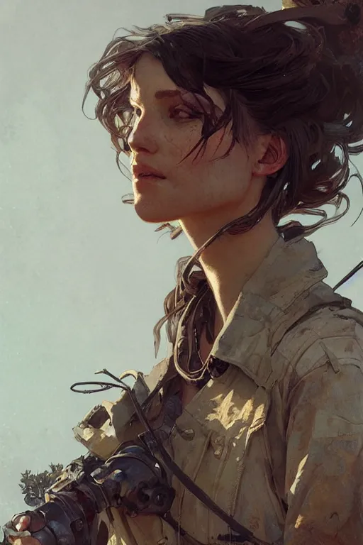 Image similar to A full portrait of a beautiful post apocalyptic Australian explorer, intricate, elegant, highly detailed, digital painting, artstation, concept art, smooth, sharp focus, illustration, art by Krenz Cushart and Artem Demura and alphonse mucha