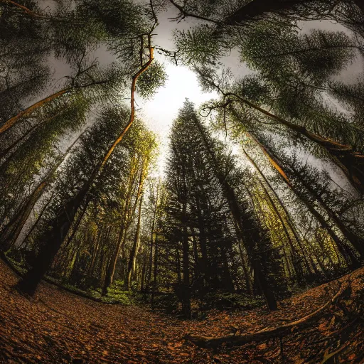 Prompt: dark forest at night, moonlight, godrays, ambeint environment, 4k photograph, fish-eye lens