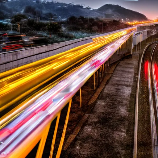 Prompt: a stunning aesthetic wallpaper of a highway full of traffic with a train track and bus lane, photograph by leon macapagal, 8 k, soft focus, cinematic lighting, trending on flicker.