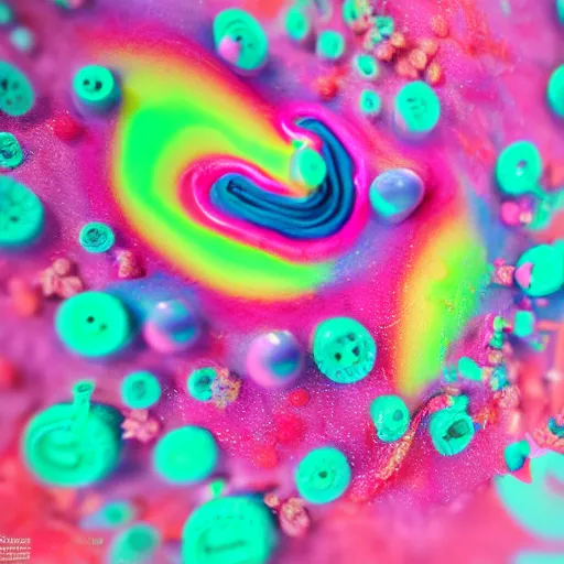 Prompt: raspberry, blueberry, vanilla smoothie explosion, intricate complexity, inverted neon rainbow drip paint, trending on art station, photoreal, 8 k, octane render