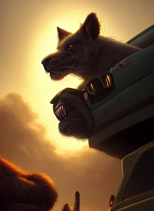 Prompt: furry rembo standing on top of the jeep, photorealistic, glowing lighting, intricate, elegant, glowing lights, highly detailed, digital painting, artstation, concept art, smooth, sharp focus, illustration, art by wlop, mars ravelo and greg rutkowski