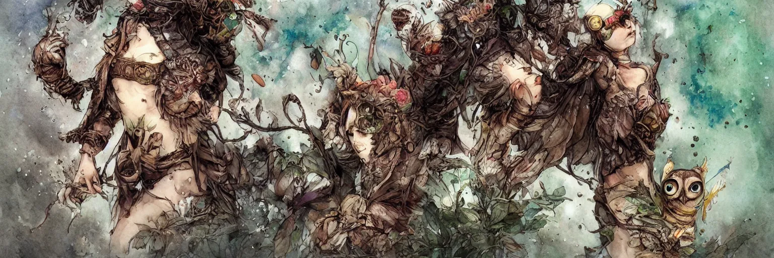 Image similar to plant based warrior monk wearing augmented reality visor and seductive owl sorceress fighting side by side by Jean-Baptiste Monge, post processing, painterly, book illustration watercolor granular splatter dripping paper texture. Trending on artstation, post processing, pen and ink work. sharp focus.