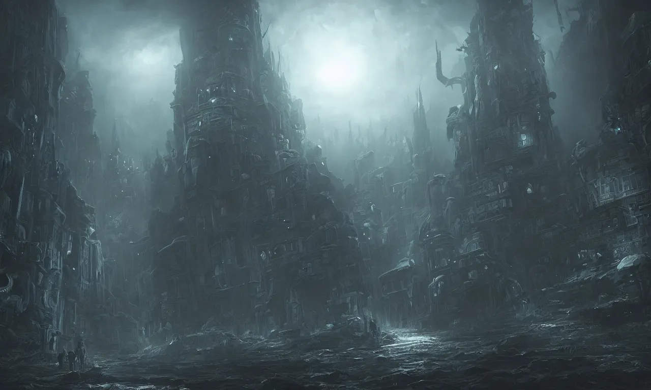 Image similar to a cinematic view of the eldritch subterranean city of r'lyeh. art by xin xiang and james paick, hyperrealism, spooky, dramatic lighting