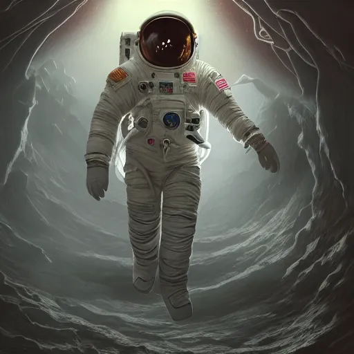 Image similar to an epic portrait of an astronaut entering the rabbit hole of wonderland, cinematic lighting, trending on Artstation, highly detailed, insane details