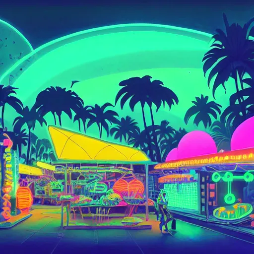 Image similar to a bioluminescent neon tropical market by paolo eleuteri serpieri and tomer hanuka and chesley bonestell and daniel merriam and tomokazu matsuyama, unreal engine, high resolution render, featured on artstation, octane, 8 k, highly intricate details, vivid colors, vector illustration