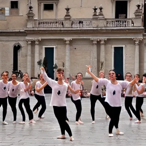 Prompt: ”dance group performing on italian piazza”