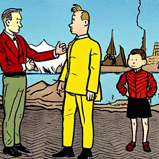 Image similar to tintin meeting the prime minister of Iceland, french comic book, belgian comic book