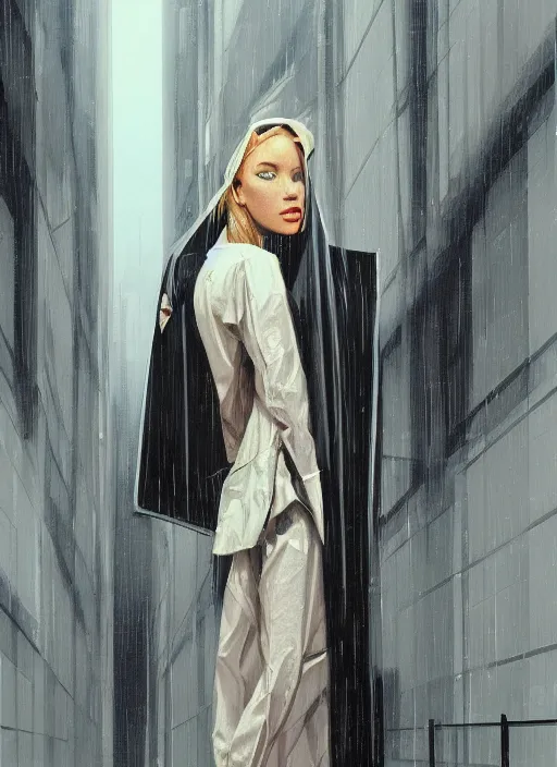 Image similar to a realistic portrait of a beautiful woman wearing a futuristic transparent raincoat with hoodie in a dystopian city, raining, by syd mead