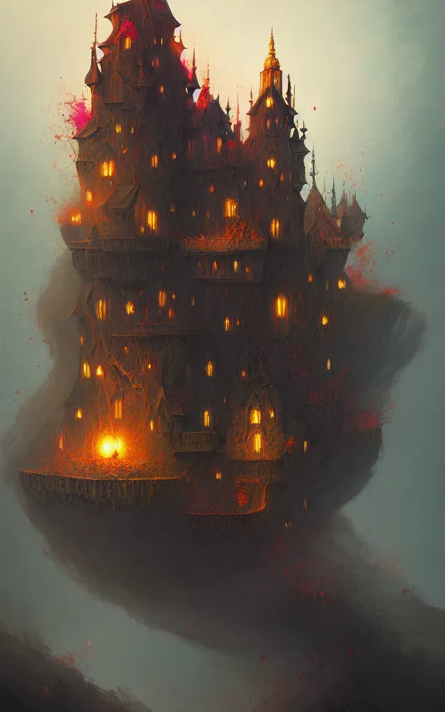 Image similar to a beautiful dark vintage abstract castle by Raja Ravi Varma and Gediminas Pranckevicius, trending on ArtStation, by Sam Spratt, explosion of colors, white spirit