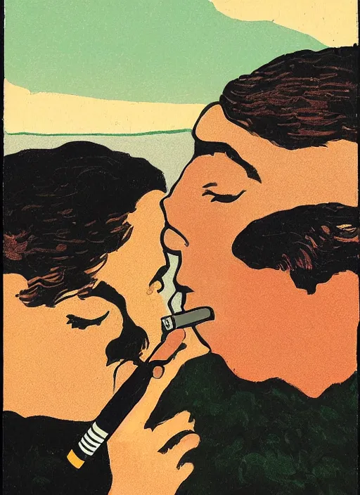 Prompt: an extreme close - up portrait of a couple smoking a cigarette in a scenic representation of mother nature and the meaning of life by billy childish, thick visible brush strokes, shadowy landscape painting in the background by beal gifford, vintage postcard illustration, minimalist cover art by mitchell hooks