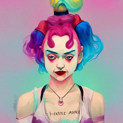 Image similar to julia garner as harley quinn as delirium of the endless, the sandman, rainbow clothes, clean cel shaded vector art. shutterstock. behance hd by lois van baarle, artgerm, helen huang, by makoto shinkai and ilya kuvshinov, rossdraws, illustration