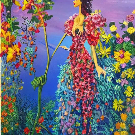 Prompt: A painting with a world of various flowers and plants, in which there is a figure of a human, dressed in something magical and impressive, inside this clothes infinity is all in sunset light