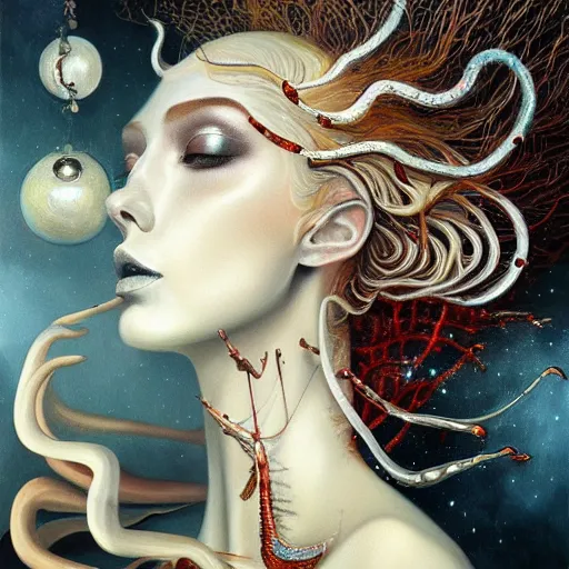 Prompt: beautiful painting of a white aquatic arthropod oniric landscape with silver linings and melting jewelry in the style of Francis Bacon, Karol Bak, Daturahex and Jesse Kanda. Dark background, detailed, trending on Artstation