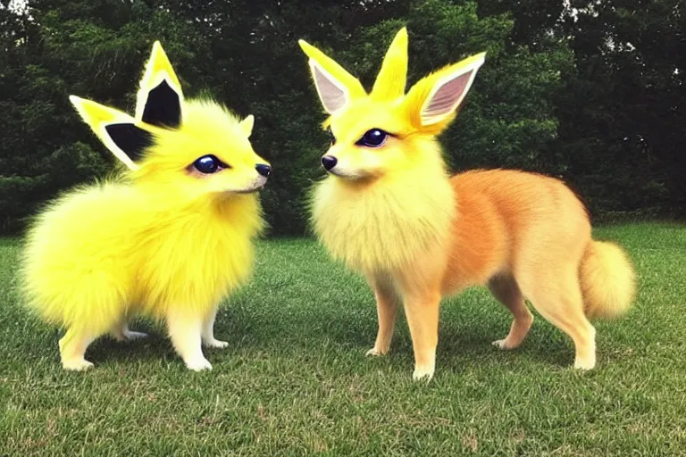 Image similar to real life jolteon pokemon, cute!!!, heroic!!!, adorable!!!, playful!!!, fluffly!!!, happy!!!, cheeky!!!, mischievous!!!, ultra realistic!!!, autumn, clear weather, ( golden hour ), sharp focus