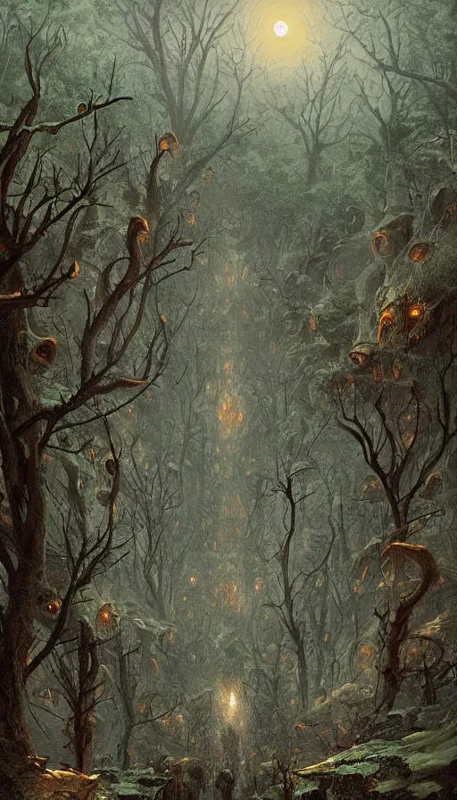 Prompt: a storm vortex made of many demonic eyes and teeth over a forest, by marc simonetti