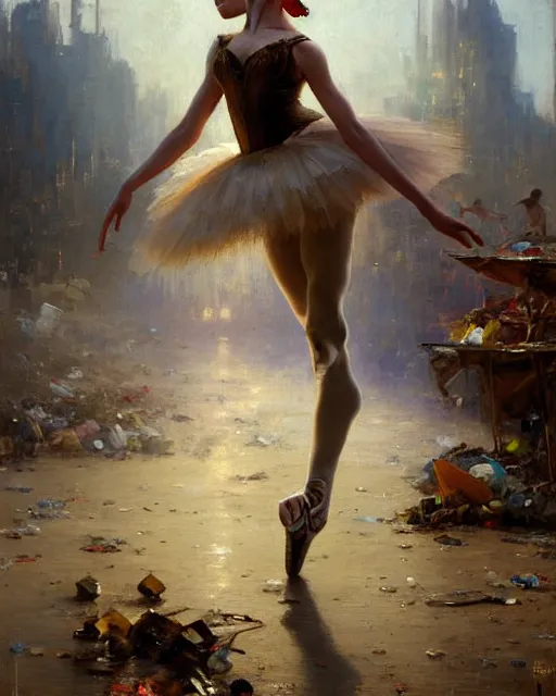 Image similar to a ballerina dancing at a rubbish dump. highly detailed painting by gaston bussiere, craig mullins, j. c. leyendecker 8 k