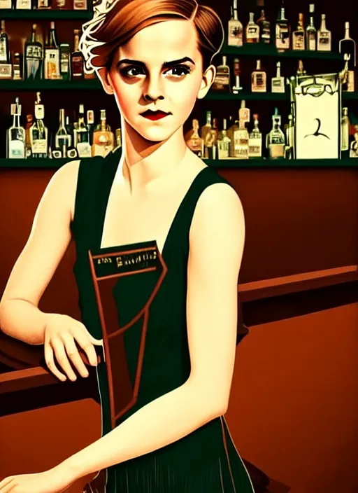 Prompt: a young emma watson as a beautiful bar patron, cozy dimly-lit 1920s speakeasy bar, drinking at the bar, dystopian retro 1920s soviet vibe, relaxed pose, pixie cut, wild, highly detailed, digital painting, artstation, sharp focus, illustration, detailed painterly digital art style by Dan Mumford, vibrant deep colors, cocktail, 8k octane beautifully detailed render, post-processing, extremely hyperdetailed, Art Nouveau, masterpiece