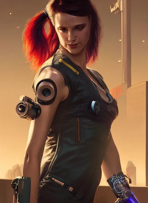 Image similar to portrait of a woman mechanic as a character in Cyberpunk 2077, looking at camera, long hair, intricate, elegant, stylish, sci-fi, extremely detailed, digital painting, artstation, concept art, smooth, sharp focus, illustration, ambient lighting, incredible art by artgerm and greg rutkowski and alphonse mucha and simon stalenhag