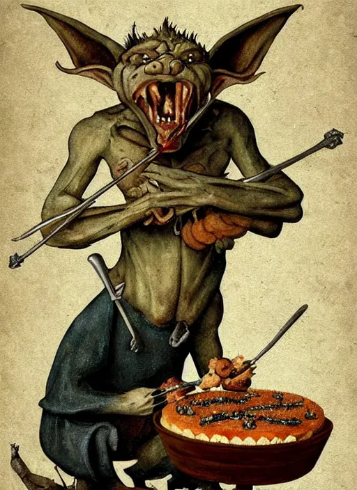 Image similar to medieval goblin eating cakes painted by hieronymus bosch, detailed digital art, trending on Artstation