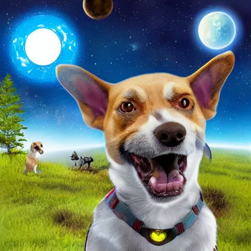 Image similar to a realistic dog superhero with glowing eyes, abandoned planet background,dog floating in air